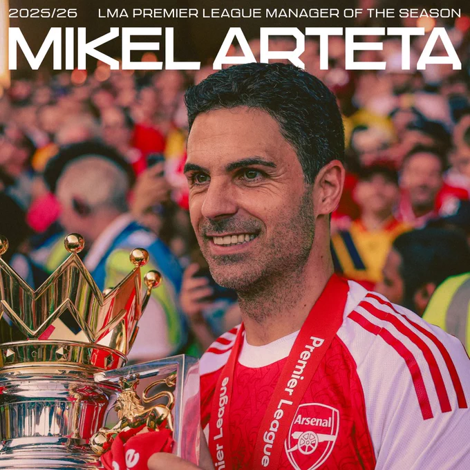 Mikel Arteta wins the LMA Premier League Manager of the Season award.
