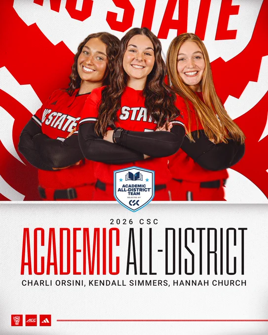 Graphic featuring three NC State softball student-athletes in red uniforms standing with arms crossed in front of a red-and-white NC State background. A CSC Academic All-District badge is centered below the players. Text reads “2026 CSC Academic All-District” with the names Charli Orsini, Kendall Simmers, and Hannah Church listed underneath. NC State, ACC, and adidas logos appear at the bottom.
