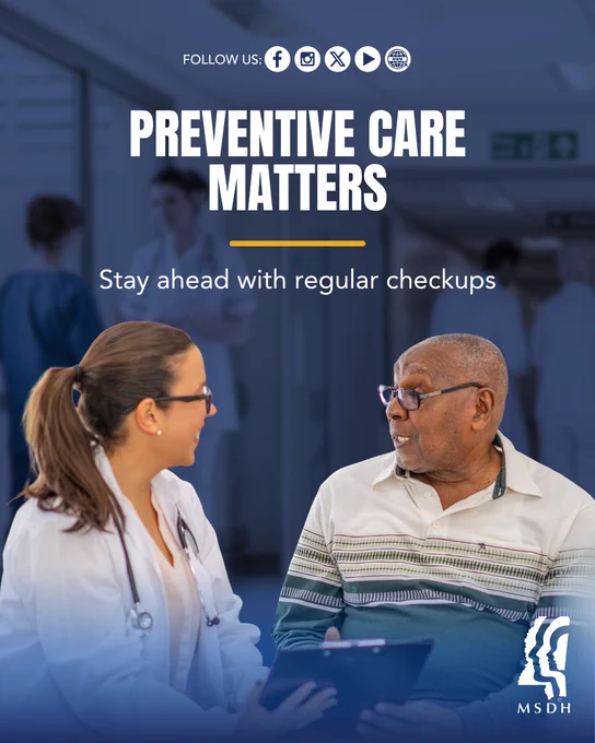 A healthcare professional is conversing with a person in a clinical setting. The image includes text that says, "Follow us," with various social media icons, "Preventive Care Matters," and "Stay ahead with regular checkups." The MSDH logo is visible in the bottom right corner.