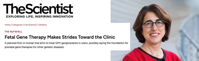 A woman with short brown hair and glasses smiles at the camera; the headline reads "Fetal Gene Therapy Makes Strides Toward the Clinic" on The Scientist website.