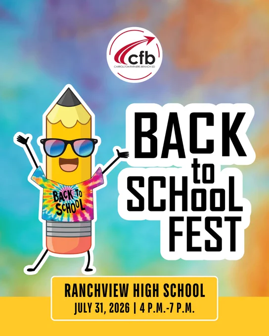 Colorful back to school festival poster with cartoon pencil character wearing sunglasses, text "Back to School Fest" and "Ranchview High School July 31, 2026 4 P.M.-7 P.M."