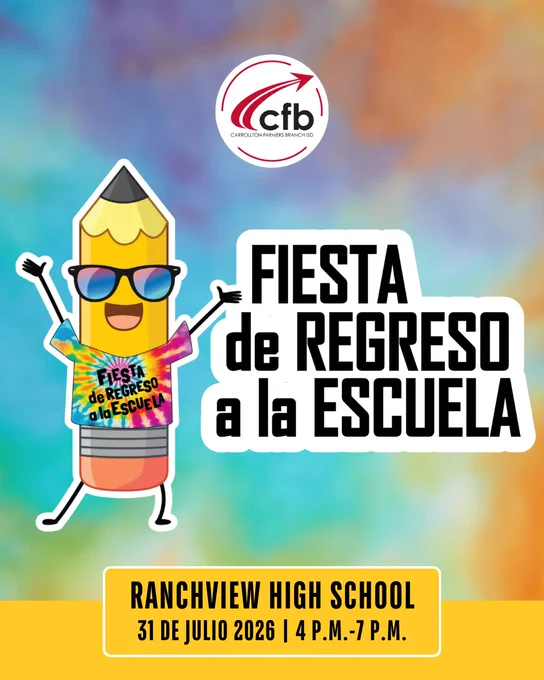Colorful image with a cheerful pencil character, announcing "Fiesta de Regreso a la Escuela" event at Ranchview High School on July 31, 2026 from 4-7 PM. CFb logo and event details.