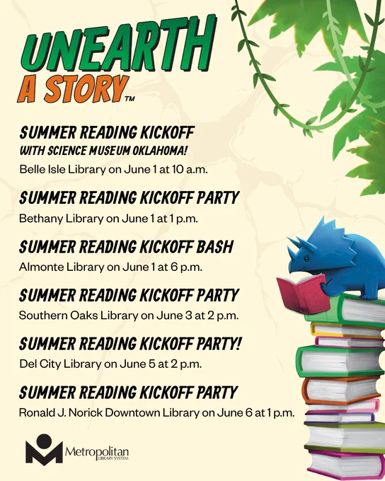 Colorful flyer listing the Metropolitan Library System's Summer Reading kickoff events with a blue dinosaur reading atop a stack of books and green vines above.