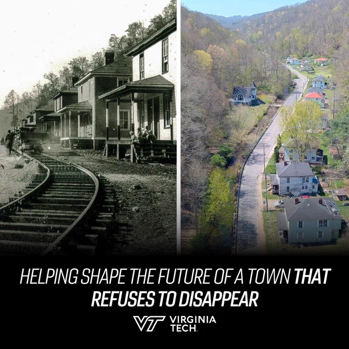 Side by side photos, comparing then and now, of Amonate. Text on screen reads "helping shape the future of a town that refuses to disappear"