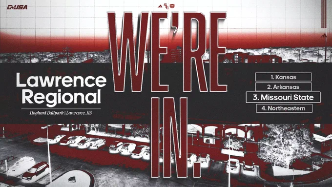 A stylized graphic with a red and black color scheme features the text "WE'RE IN" prominently in the center. On the left, it reads "Lawrence Regional" and "Hoglund Ballpark, Lawrence, KS." On the right, there's a list of teams: 1. Kansas, 2. Arkansas, 3. Missouri State, 4. Northeastern. The C‑USA logo is in the top left corner.