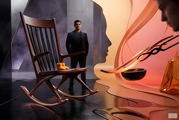 A wooden rocking chair with yellow baby shoes on the seat is positioned on a glossy black floor. A person in a dark suit stands behind the chair. To the right, there is a large abstract sculpture with a silhouette of a face in profile, colored in shades of orange and pink. A black bowl and curved metal elements are also visible near the sculpture. The background features a gray wall with a subtle texture.
