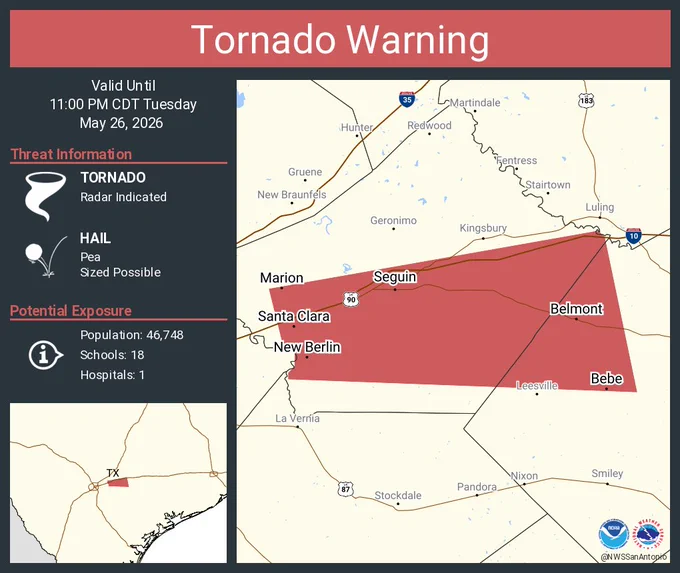 This graphic displays a tornado warning plotted on a map. The warning is in effect until 11:00 PM CDT. The warning includes Seguin TX, McQueeney TX and Marion TX.  This warning is for Southeastern Guadalupe County in south central Texas and West central Gonzales County in south central Texas. The threats associated with this warning are a radar indicated tornado and pea sized hail. There are 46,748 people in the warning along with 18 schools and 1 hospital.