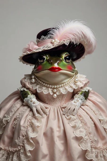 An AI-generated image of a female frog in full Victorian dress and wearing makeup. 