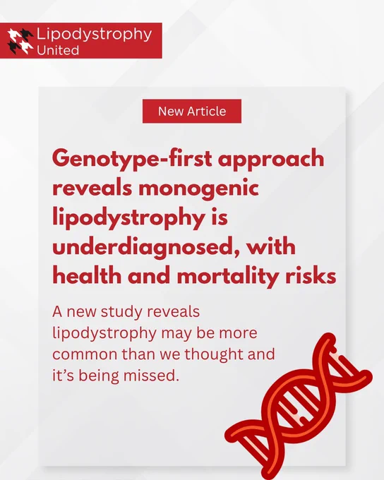 Graphic from Lipodystrophy United announcing a new article titled “Genotype-first approach reveals monogenic lipodystrophy is underdiagnosed, with health and mortality risks.” Text below says a new study reveals lipodystrophy may be more common than previously thought and is being missed. A red DNA icon appears in the lower right corner.