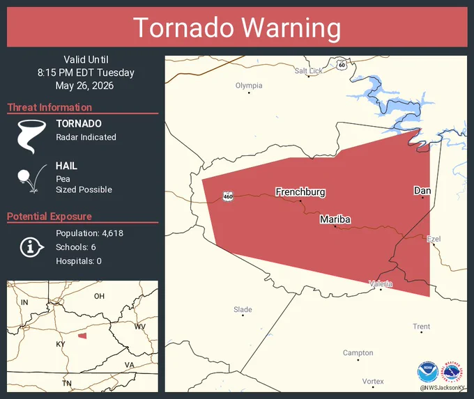 This graphic displays a tornado warning plotted on a map. The warning is in effect until 8:15 PM EDT. The warning includes Frenchburg KY, Mariba KY and Dan KY.  This warning is for Northeastern Powell County Is Cancelled. The threats associated with this warning are a radar indicated tornado and pea sized hail. There are 4,618 people in the warning along with 6 schools and 0 hospitals.