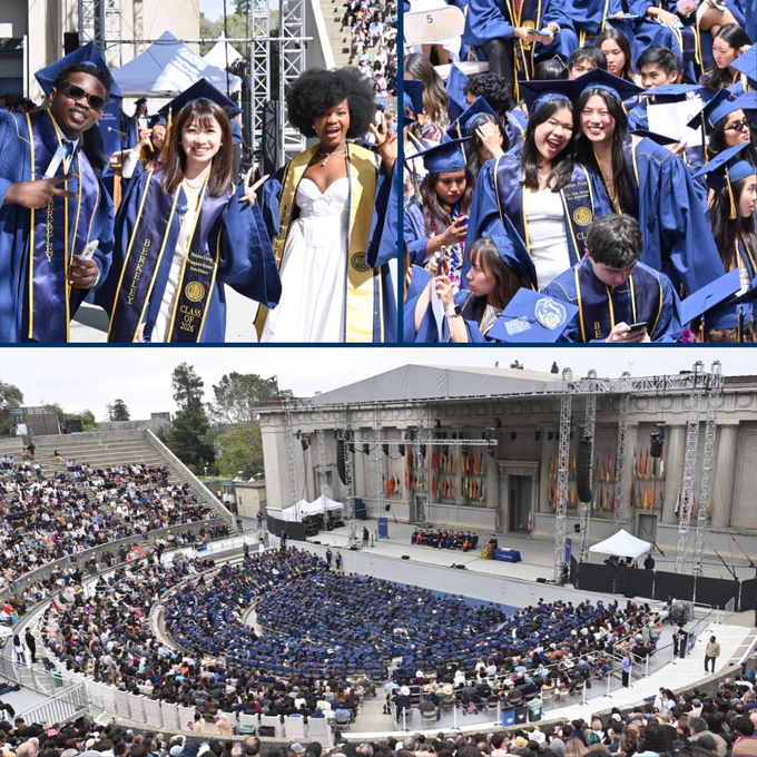 Collage of three photos: Three CDSS students smiling in caps and gowns on stage; two CDSS students smiling in caps and gowns within the crowd of graduates; overhead view of the CDSS commencement ceremony at the Hearst Greek Theatre with numerous attendees.