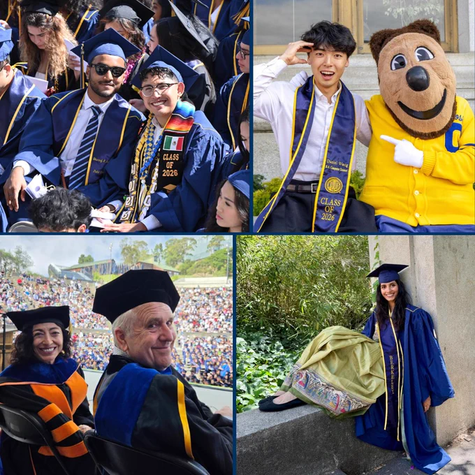 Two CDSS students smiling in caps and gowns within the crowd of graduates; Daniel Wang dressed in a graduation stole with Oski the Bear; Jennifer Chayes and Michael I. Jordan on stage and smiling at the CDSS commencement with a crowd of graduating students visible in the background; Sejal Sarda dressed in cap and gown.