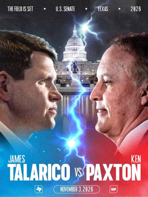 WWE matchup style poster featuring James Talarico and Ken Paxton in front of the U.S. Capitol. It reads "The field is set. U.S. Senate. Texas. 2026: James Talarico vs Ken Paxton."