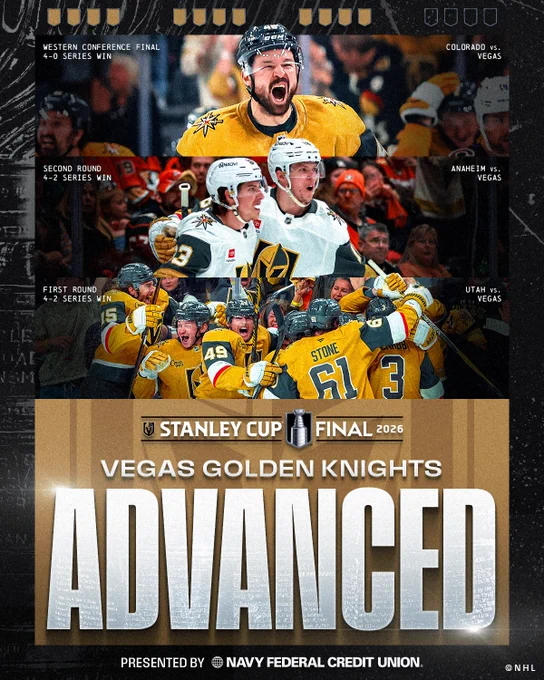 Graphic featuring three photos of Vegas Golden Knights players celebrating on ice. Below is the Golden Knights' Stanley Cup Final banner with text reading \"Vegas Golden Knights. Avanced. Presented Navy Federal Credit Union.\"