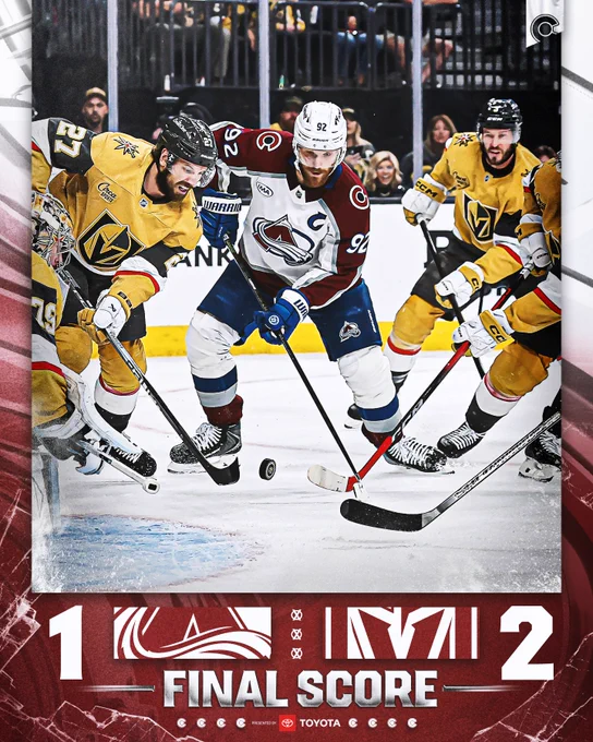 Final score:
Colorado Avalanche, 1.
Vegas Golden Knights, 2.

Presented by Toyota
