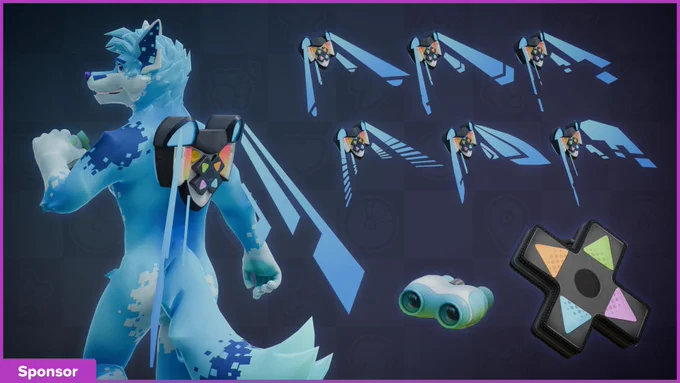 A cool futuristic pair of blue cybernetic wings in various possible design options, binoculars, and more comes with the Sponsor Asset Pack!