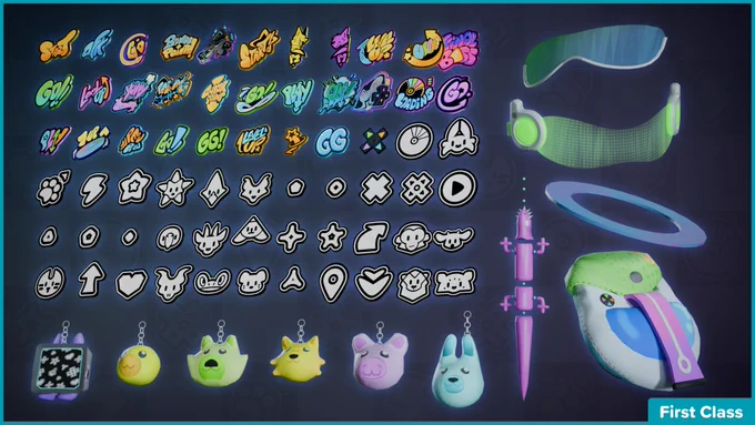 Pin versions of every free Furality spray given out with the style guide, futuristic visors, a little lizard guy, a satchel, and cute keychains make up the FIrst Class asset pack!