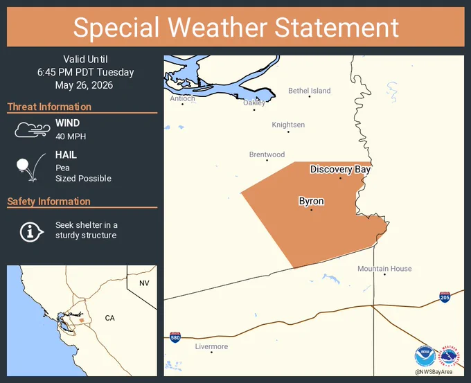 This graphic displays a special weather statement plotted on a map. The statement is in effect until 6:45 PM PDT.  The statement includes Discovery Bay CA and  Byron CA.  A STRONG THUNDERSTORM WILL IMPACT EAST CENTRAL CONTRA COSTA AND NORTHEASTERN ALAMEDA COUNTIES UNTIL 645 PM PDT. The threats associated with this storm are wind gusts up to 40 MPH and pea sized hail. Seek shelter in a sturdy structure until the storm passes.