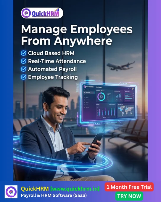 🚀 Manage Your Employees From Anywhere — Anytime! 📱☁️

Running a business becomes easier when your HR operations are fully connected in one smart platform. With QuickHRM.in, you can manage attendance, payroll, and employee tracking directly from your mobile — even while traveling! 🌍💼

✅ Cloud Based HRM
✅ Real-Time Attendance Tracking
✅ Automated Payroll Processing
✅ Employee Tracking System

No more manual HR work, spreadsheets, or payroll stress. QuickHRM.in helps businesses save time, improve productivity, and manage teams smarter with modern cloud technology. ⚡

Whether you run a startup, small business, or growing company, QuickHRM.in gives you the flexibility to manage your workforce from anywhere with ease. 📊✨

Upgrade your HR management today and experience the future of smart business operations! 🚀