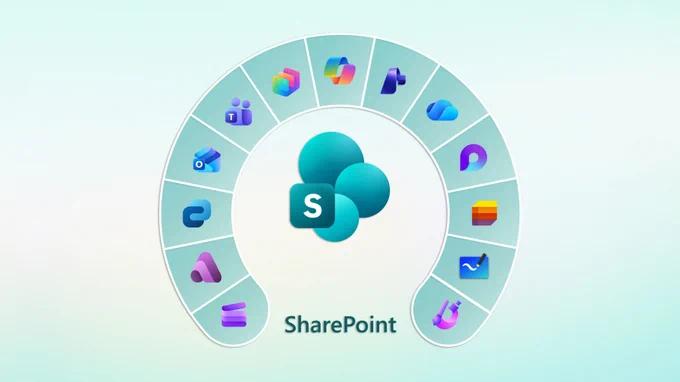 SharePoint logo centered within a circular layout of Microsoft 365 app icons, illustrating integrated collaboration tools.