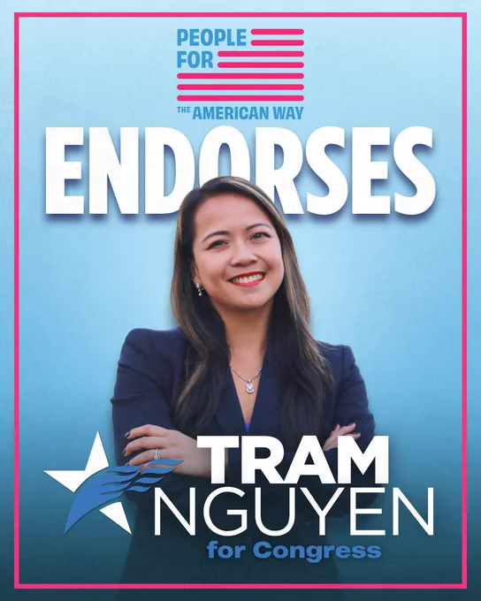 State Rep. Tram Nguyen smiling with her arms crossed against a light blue background. The People For the American Way logo appears at the top, with the headline “People For the American Way Endorses Tram Nguyen for Congress.” The graphic is framed by a hot pink border.