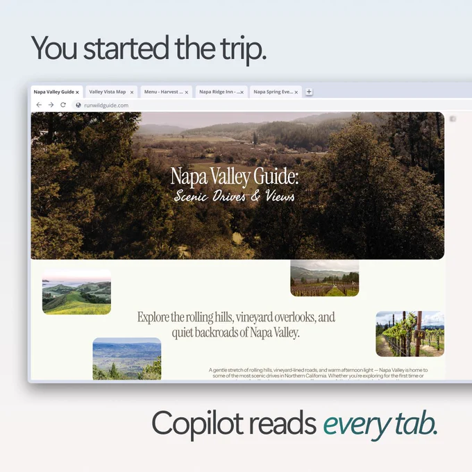 A web browser window displays a “Napa Valley Guide: Scenic Drives & Views” page with a large landscape image of vineyards and rolling hills, surrounded by smaller photos and text. Above it reads “You started the trip.” and below it says “Copilot reads every tab.”