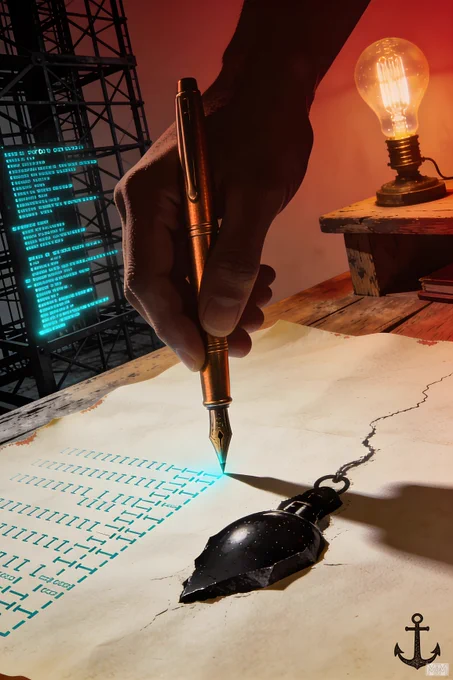 A hand holds a copper-colored fountain pen, writing glowing blue lines on a piece of aged paper. The paper has a crack running through it, leading to a black plumb bob. To the right, a lit vintage light bulb sits on a wooden table. In the background, a metal structure is visible with blue glowing text on a screen. An anchor symbol is in the bottom right corner.