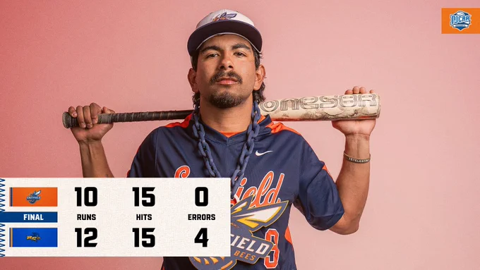Dallas College Eastfield baseball player Erik Aguirre holds a bat behind his shoulders, wearing an Eastfield Harvester Bees giant chain. He had four hits, including a home run, in the final game of head coach Michael Martin's 25-year Eastfield career at the NJCAA Division III World Series Tuesday.