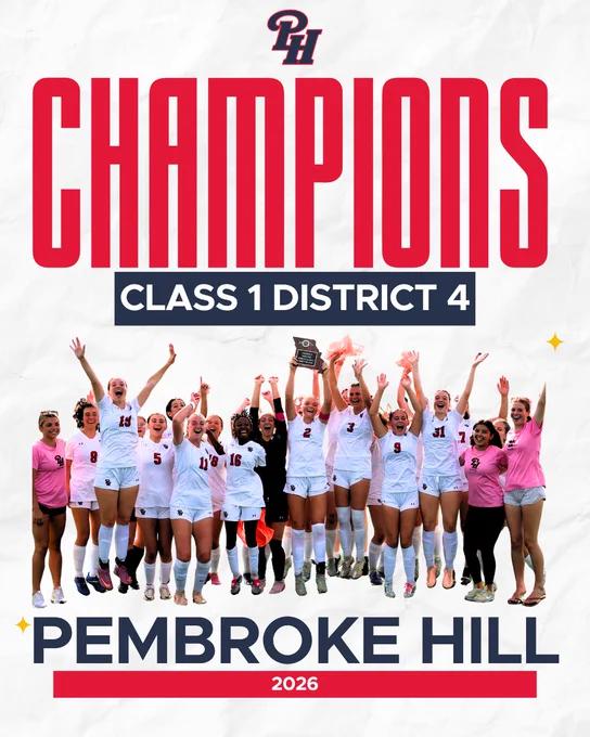 Celebratory image of the Pembroke Hill soccer team winning the Class 1 District 4 championship in 2026. The team is joyful, holding a trophy and showing team spirit.