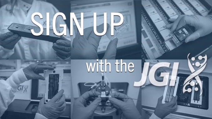 The image features a collage of gloved hands handling scientific equipment. The words "Sign Up with the JGI" are displayed across the top — including the JGI logo of a DNA helix. 