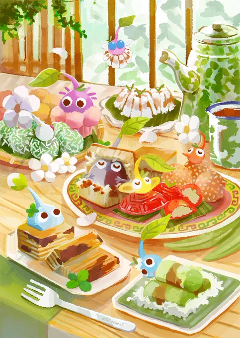 closeup of a wooden table near a wooden window, on the table are various indonesian traditional sweets with pikmin in some of them. there is also a teapot and an enamel mug typically seen in traditional settings. the atmosphere is bright as the sunlight enters from the window.

on the foreground are ice pikmin in lapis legit plate and blue pikmin in kue putu plate.
in the middle is a big plate of various sweets. rock pikmin in martabak, yellow pikmin in kue ku and red pikmin in onde-onde. they are asleep.
in the background there is purple pikmin in kue mangkok and white pikmin in klepon, looking at each other. a separate plate of awug and winged pikmin in an awug, hovering above.