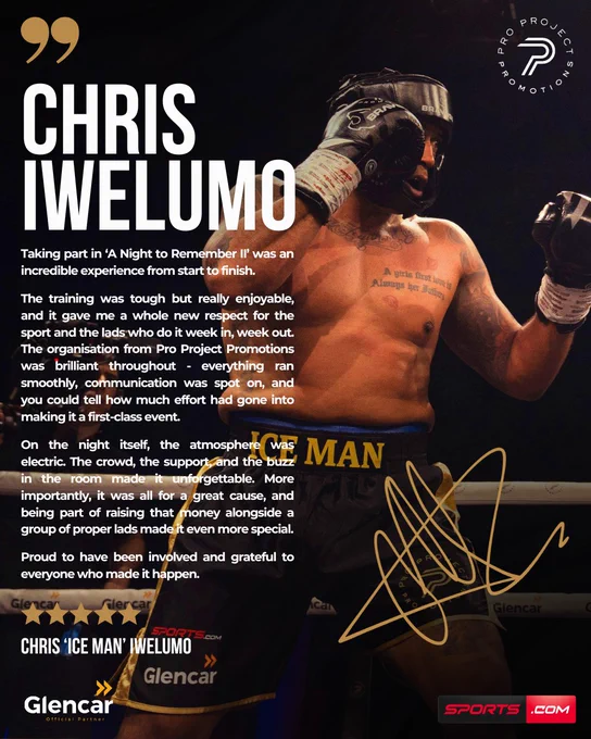 Chris Iwelumo shares his experience in 'A Night to Remember II', highlighting the rigorous training, atmosphere, and charity involvement. The image features dynamic boxing action and promotional details.