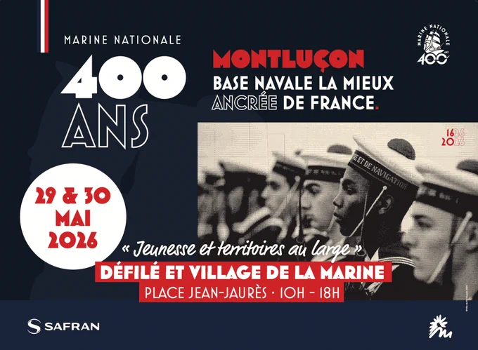 Infographie : 
400 ans de la Marine nationale
Montluçon, base navale la mieux ancrée de France
29 & 30 mai 2026
"Jeunesse et territoires au large"
Défilé et village de la Marine
Place Jean-Jaurès, 10h - 18h