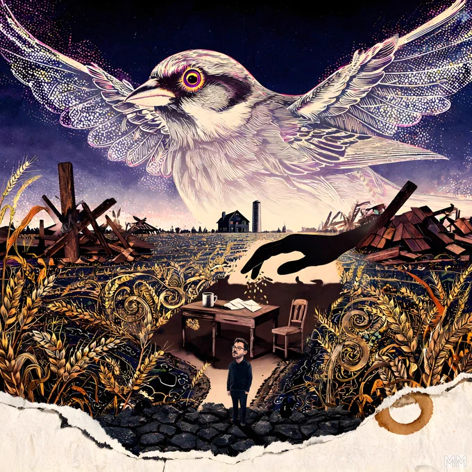 A large, detailed bird with outstretched wings dominates the upper part of the image. Below, a small figure of a man stands on a cobblestone path. To the right, a wooden desk with papers and a mug is visible, accompanied by a chair. A large, shadowy hand reaches toward the desk. Surrounding the scene are golden wheat stalks and swirling patterns. In the background, a house and silo are visible on the horizon, with piles of wooden debris scattered across the field. The sky is a gradient of dark blue to light purple.