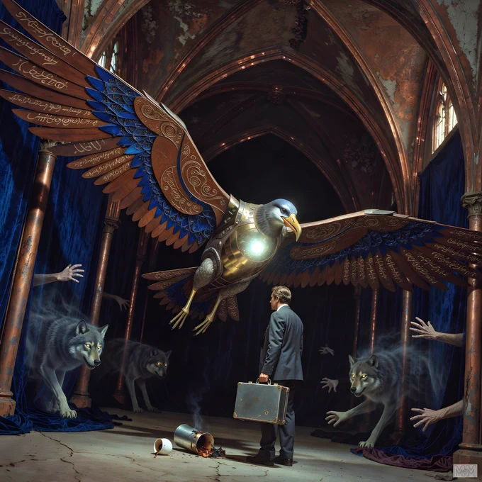 A large mechanical bird with intricate designs and glowing chest hovers in the center. A man in a suit stands below, holding a briefcase. Two wolves with glowing eyes are on either side, partially obscured by blue curtains. Human hands emerge from the curtains. A spilled metal container with smoke and a broken cup are on the floor. The setting is an arched, ornate room with peeling paint.