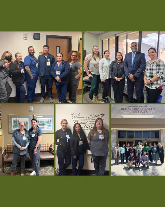 A collage of five different photos, sharing healthcare professionals smiling in support of May Mental Health Month. Four photos are in an indoor, clinical setting, while one photo is outside on a sunny day in front of the Loma Linda University Behavioral Health Center.
