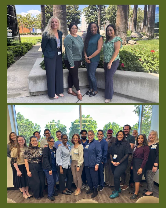 Two photos of groups of healthcare staff posing together. The top photo shows a small group of four standing on a pathway with greenery and trees. The bottom photo features a larger group standing in a room with large windows and trees visible outside.