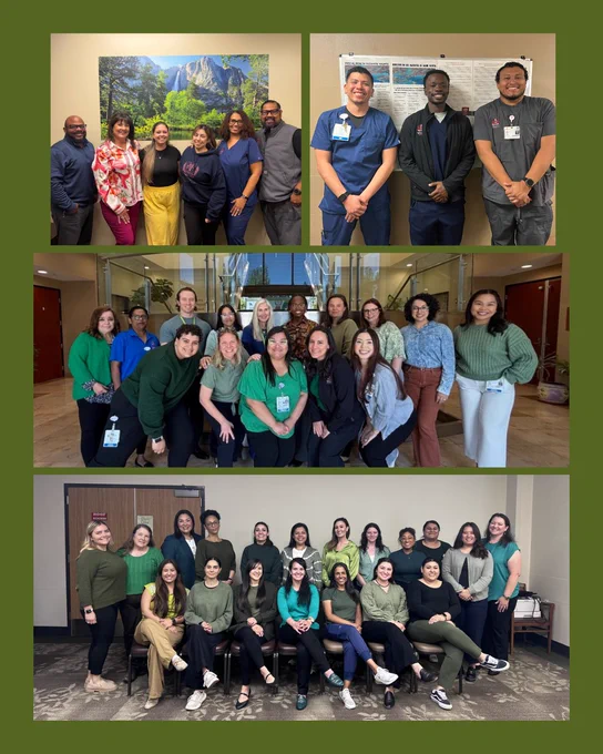 A collage of four group photos of healthcare staff standing and posing together indoors. Each group is smiling and appears to be in a professional setting, with artwork and posters in the background.