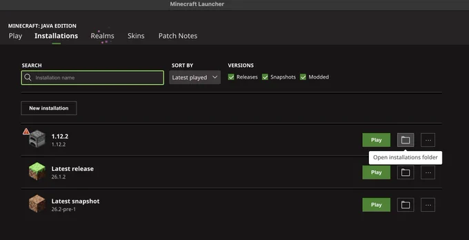 Java Launcher > Installations > Open installations folder