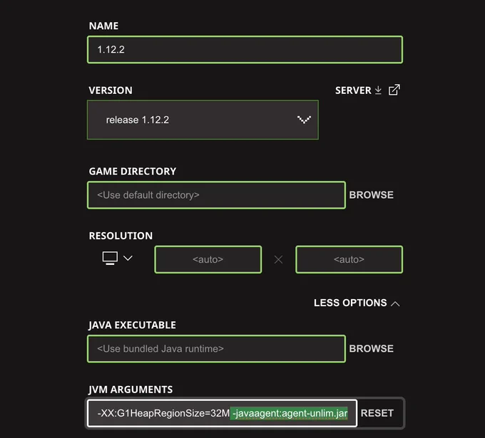 More Options > JVM ARGUMENTS > add -javaagent:agent-unlim.jar