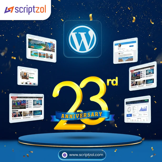 🎂 Happy 23rd Anniversary, WordPress! 🎉 

From a simple blogging platform to powering 43%  of the web — what an incredible journey! 🌍✨

 At Scriptzol, we've built countless dreams, businesses, and digital experiences on the foundation you created. 

Here's to the platform that made the web accessible for everyone! 

Thank you, WordPress, for 23 years of innovation, community, and endless possibilities. 🚀 — Team Scriptzol | www.scriptzol.com 

#WordPress23 #WordPressAnniversary #HappyAnniversaryWordPress #WordPress #WP23Years #WordPressCommunity #WordPressLove #Scriptzol #ScriptzolThemes #WordPressThemes #WordPressPlugins #WebDevelopment #WebDesign #OpenSource #CMS #WordPressDeveloper #WPDev #BuildWithWordPress #WebsiteDesign #DigitalAgency #23YearsOfWordPress #WordPressWebsite #WordPressBlog #WPCommunity