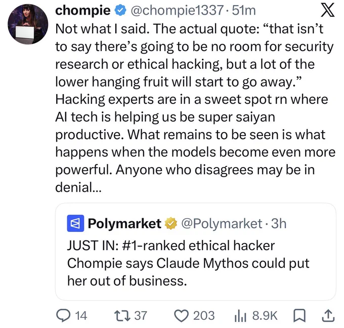 Poly market tweet “#1 ranked ethical hacker Chompie says Claude Mythos could put her out of business”