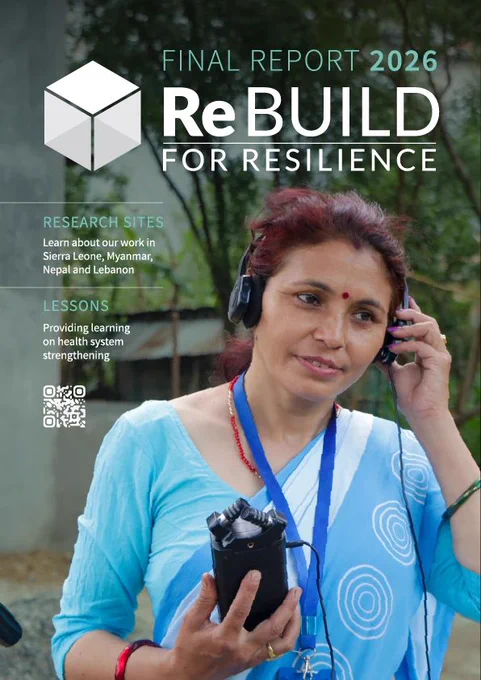A smiling woman in a blue sari listening intently to headphones and the words 'ReBUILD for Resilience, final report - research sites, lessons'