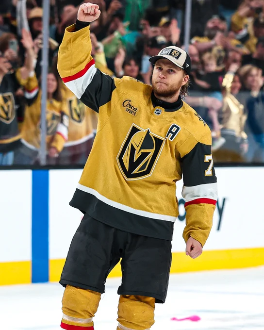Photo of William Karlsson in a Vegas Golden Knights uniform celebrating a win