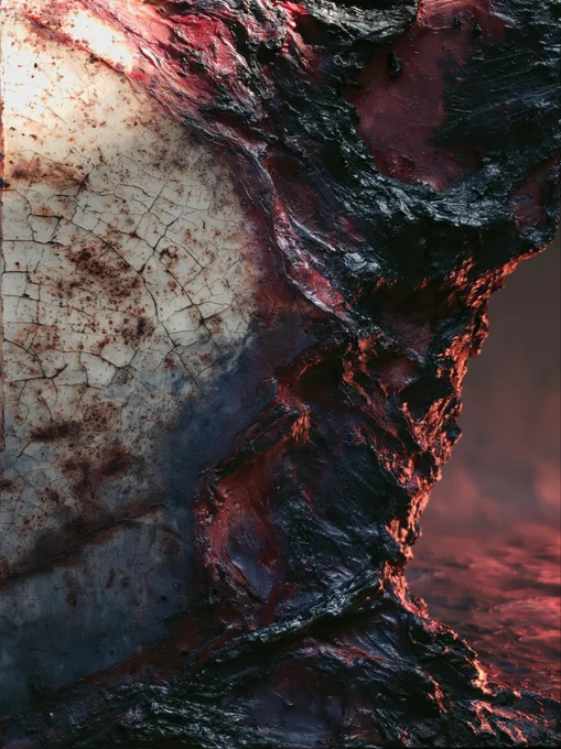 Encaustic wax ground, tectonic layer compression, hot pigment bleed between strata, charcoal impasto dragging, ash and pitch palette, monolith surface under extreme lateral force, slow rupture not explosion, chiaroscuro pressure gradient --ar 3:4 --hd --v 8.1