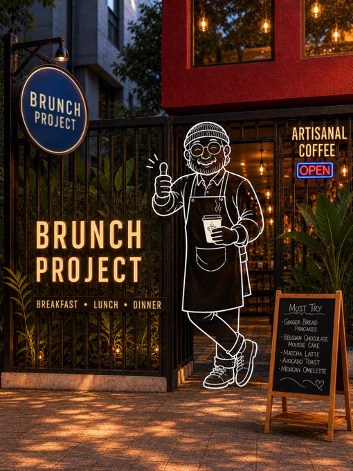 Aesthetic café and brunch lifestyle visuals from The Brunch Project in Koramangala, Bangalore. The first image shows a creamy iced green matcha latte held in front of the café entrance with warm ambient interiors, floral décor, and playful white doodle hand illustrations creating a fun editorial café aesthetic. The second image features a cozy marble-top café table with minimalist interiors, a decorative lemon plant, and a whimsical hand-drawn character illustration holding a coffee cup, adding an artistic and relaxed vibe. The third image captures the illuminated exterior signage of The Brunch Project at night with glowing warm café lights, lush greenery, artisanal coffee signage, and a large doodle-style barista illustration holding coffee outside the entrance. The visuals highlight Bangalore café culture, specialty coffee experiences, aesthetic brunch spaces, cozy interiors, and creative café storytelling designed for coffee lovers, brunch enthusiasts, and people seeking relaxed all