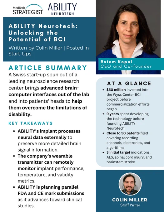 BCI #technology is getting real fast. ABILITY Neurotech is developing implantable brain computer interfaces for ALS and spinal cord injury patients with 50 Mbps optical data transmission: https://bit.ly/3Po51p2 #medtech
