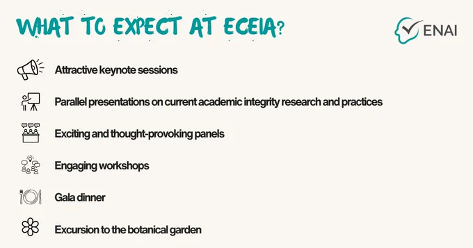 Graphic showcasing highlights of the ECEIA event, including keynote sessions, panels, workshops, a gala dinner, and an excursion. Event promoted by ENAI.