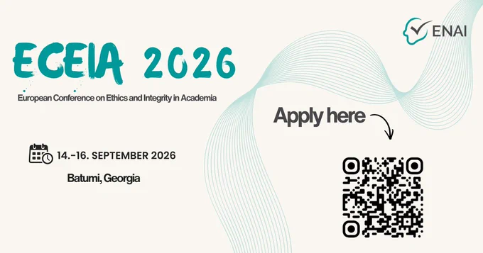 Informational graphic for the European Conference on Ethics and Integrity in Academia scheduled for September 2026 in Batumi, Georgia. It includes a call-to-action with a QR code for applications.