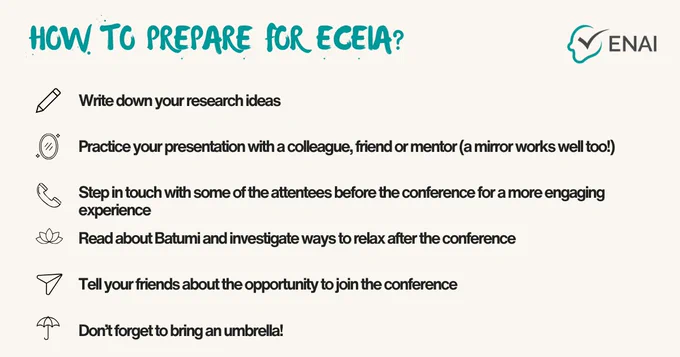 A graphic listing tips on preparing for the ECEIA conference, including practical advice and reminders. The mood is professional and informative.